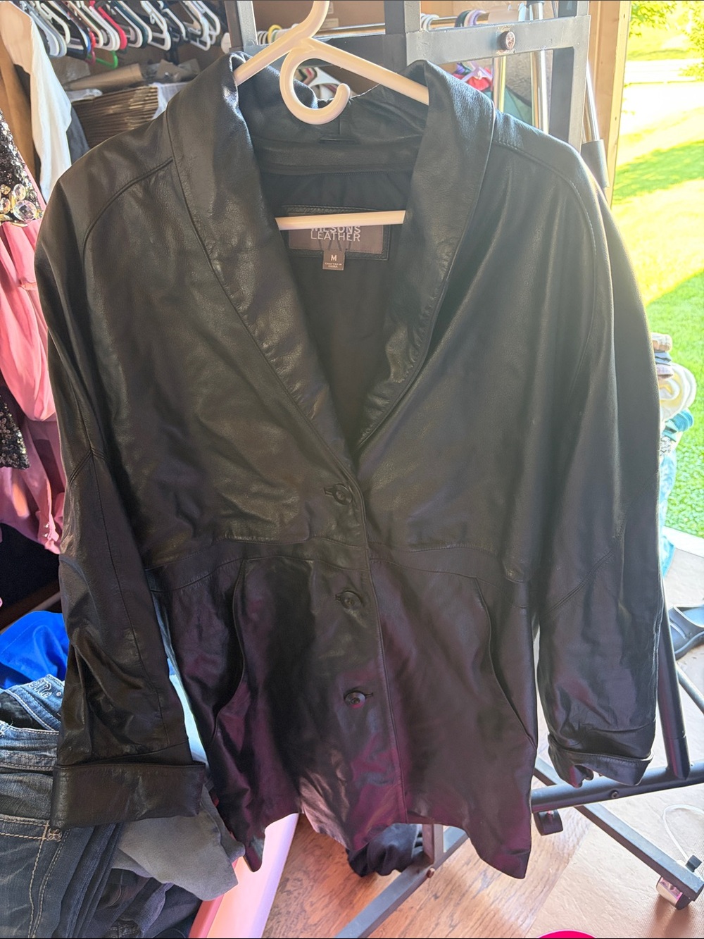 Wilsons Leather Black Button-Front Leather Blazer Coat Med